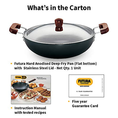 Hawkins Futura 7.5 Litre Deep Fry Pan, Hard Anodised Kadai with Stainless Steel Lid, Flat Bottom Kadhai, Big Kadai, Black (AD75S)