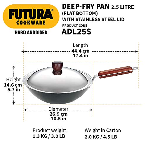 Futura Hard Anodised Deep-Fry Pan(Kadhai) with Steel Lid and Flat Bottom
