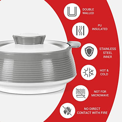 Milton Venice 2500 Insulated Inner Stainless Steel Casserole, 2.2 Litres, Grey | BPA Free | Food Grade | Easy to Carry | Easy to Store | Ideal For Chapatti | Roti | Curd Maker