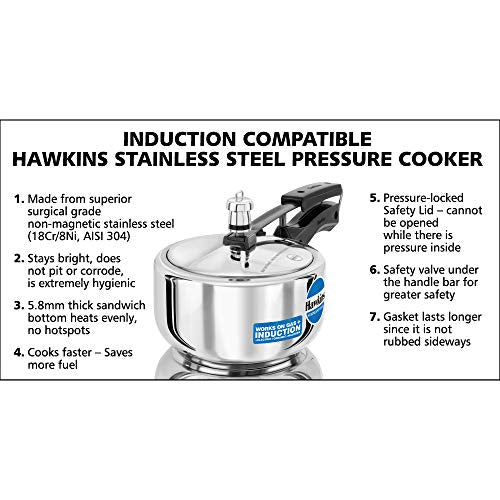 Hawkins Stainless Steel Pressure Cooker 2 Litres - Silver - Induction Compatible - HSS20