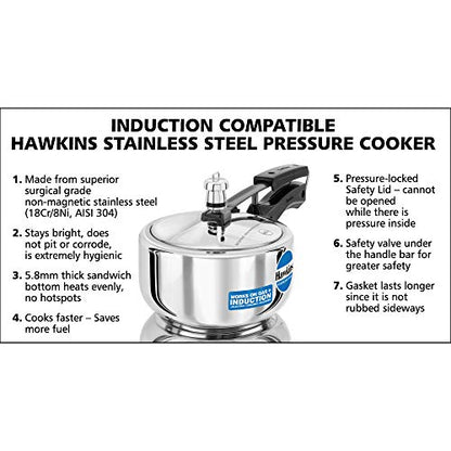 Hawkins Stainless Steel Pressure Cooker 2 Litres - Silver - Induction Compatible - HSS20