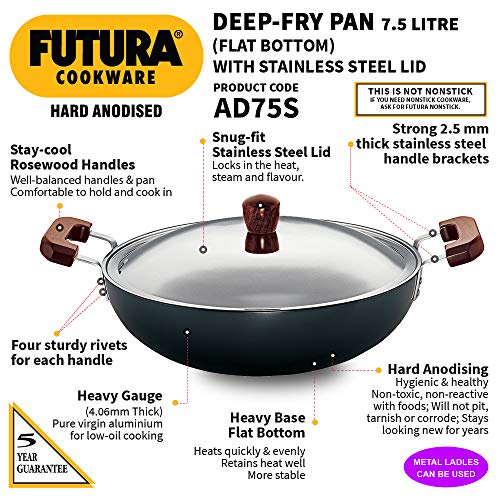 Hawkins Futura 7.5 Litre Deep Fry Pan, Hard Anodised Kadai with Stainless Steel Lid, Flat Bottom Kadhai, Big Kadai, Black (AD75S)
