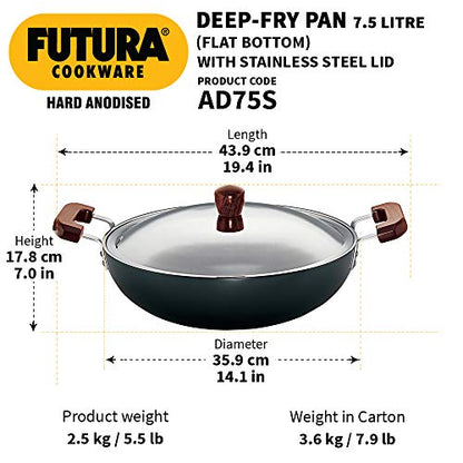 Hawkins Futura 7.5 Litre Deep Fry Pan, Hard Anodised Kadai with Stainless Steel Lid, Flat Bottom Kadhai, Big Kadai, Black (AD75S)