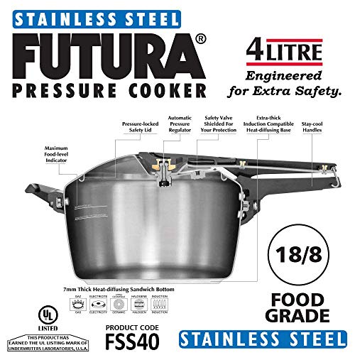 Hawkins Futura Stainless Steel 4L Inner Lid Pressure Cooker Induction compatible - FSS40