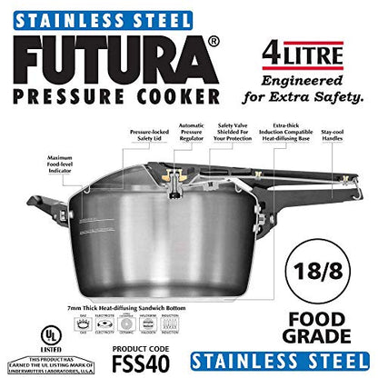 Hawkins Futura Stainless Steel 4L Inner Lid Pressure Cooker Induction compatible - FSS40