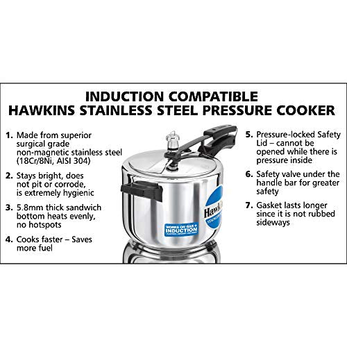 Hawkins Stainless Steel Pressure Cooker 5 Litres - Silver - Induction Compatible - HSS50