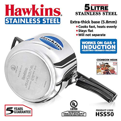 Hawkins Stainless Steel Pressure Cooker 5 Litres - Silver - Induction Compatible - HSS50