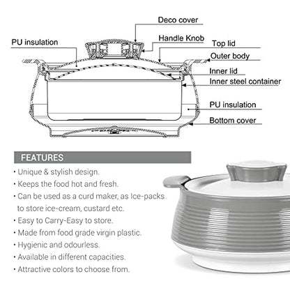 Milton Venice 2500 Insulated Inner Stainless Steel Casserole, 2.2 Litres, Grey | BPA Free | Food Grade | Easy to Carry | Easy to Store | Ideal For Chapatti | Roti | Curd Maker