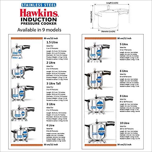 Hawkins Stainless Steel Pressure Cooker 5 Litres - Silver - Induction Compatible - HSS50