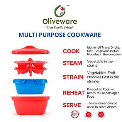 Oliveware Microwave Plastic Dhokla Idly Maker, Vegetable Steamer And Rice Cooker Set, Yellow