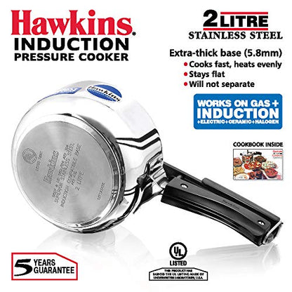 Hawkins Stainless Steel Pressure Cooker 2 Litres - Silver - Induction Compatible - HSS20