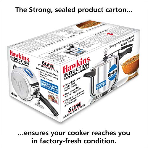 Hawkins Stainless Steel Pressure Cooker 5 Litres - Silver - Induction Compatible - HSS50