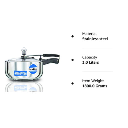 Hawkins Stainless Steel Pressure Cooker 3 Litres - Silver - Wide - Induction Compatible -HSS3W