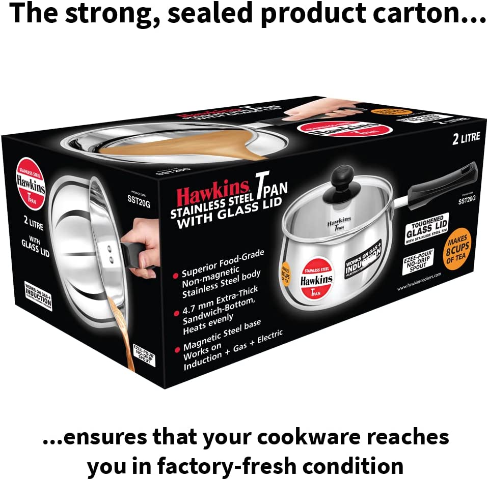 Hawkins Futura Steel Tea Pan with Glass Lid, 2.0 Litre Capactiy, Silver SST20G (Works on Gas & Induction)