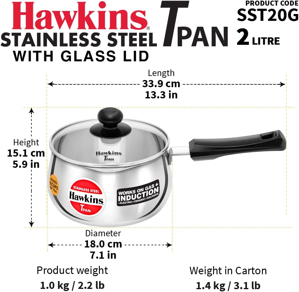 Hawkins Futura Steel Tea Pan with Glass Lid, 2.0 Litre Capactiy, Silver SST20G (Works on Gas & Induction)