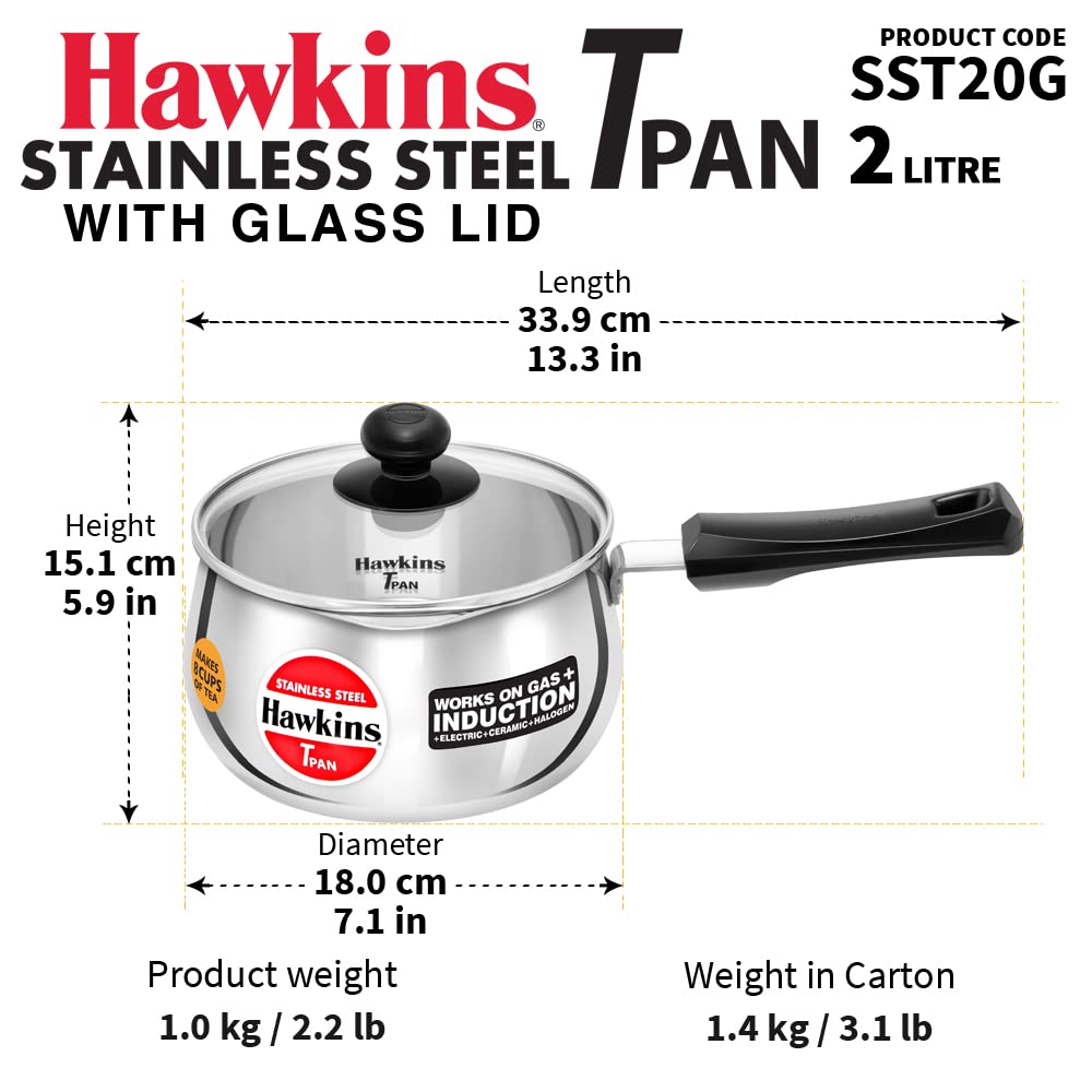 Hawkins Futura Steel Tea Pan with Glass Lid, 2.0 Litre Capactiy, Silver SST20G (Works on Gas & Induction)