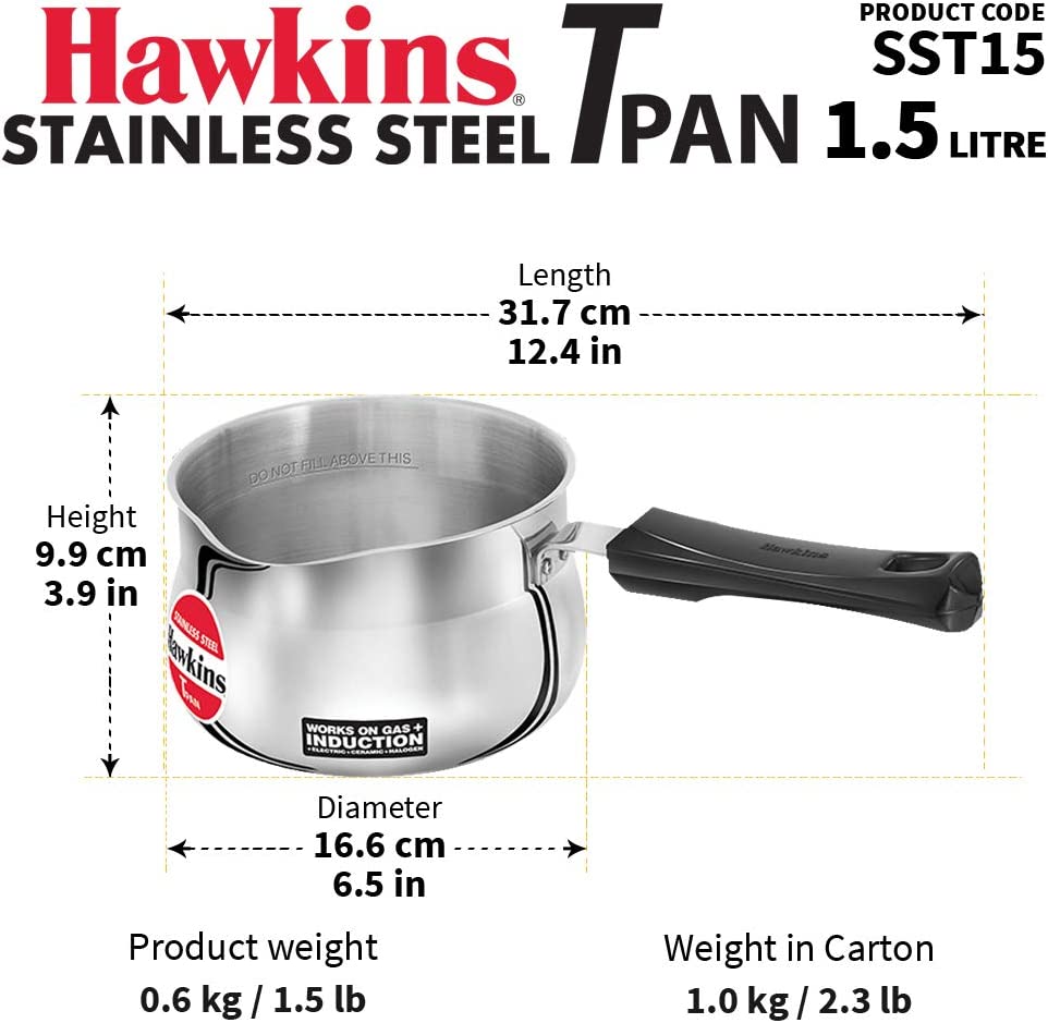 HAWKINS SST15 Stainless Steel TPan - Tea Pan - 1.5 litres - Works on Electric, Ceramic , Gas & Induction