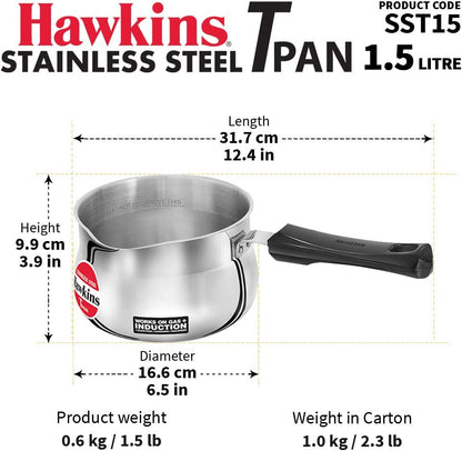 HAWKINS SST15 Stainless Steel TPan - Tea Pan - 1.5 litres - Works on Electric, Ceramic , Gas & Induction