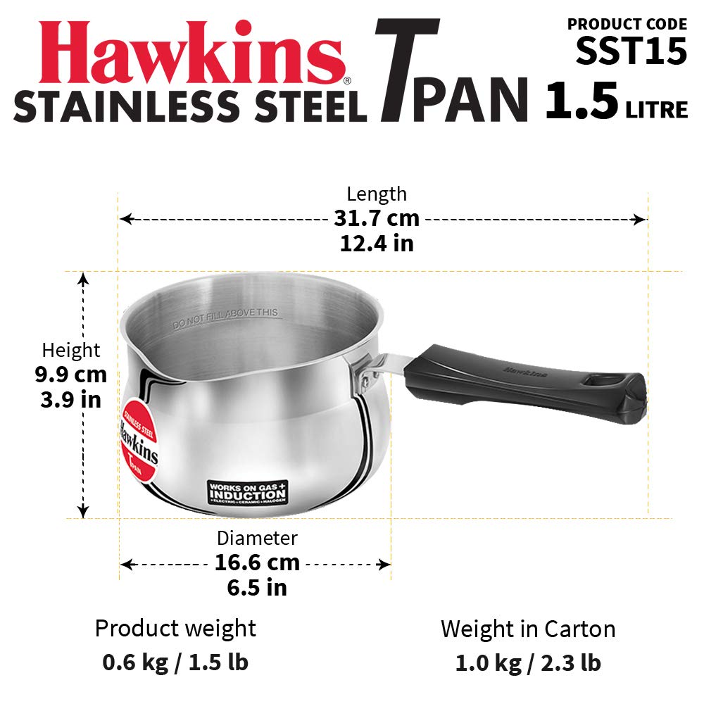 HAWKINS SST15 Stainless Steel TPan - Tea Pan - 1.5 litres - Works on Electric, Ceramic , Gas & Induction