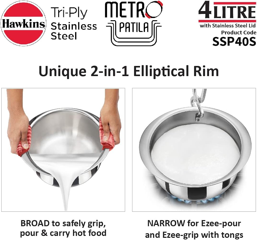 Hawkins 4 Litre Metro Patila, Triply Stainless Steel Tope with Stainless Steel Lid, Induction Bhagona, Tapeli, Silver (SSP40S)