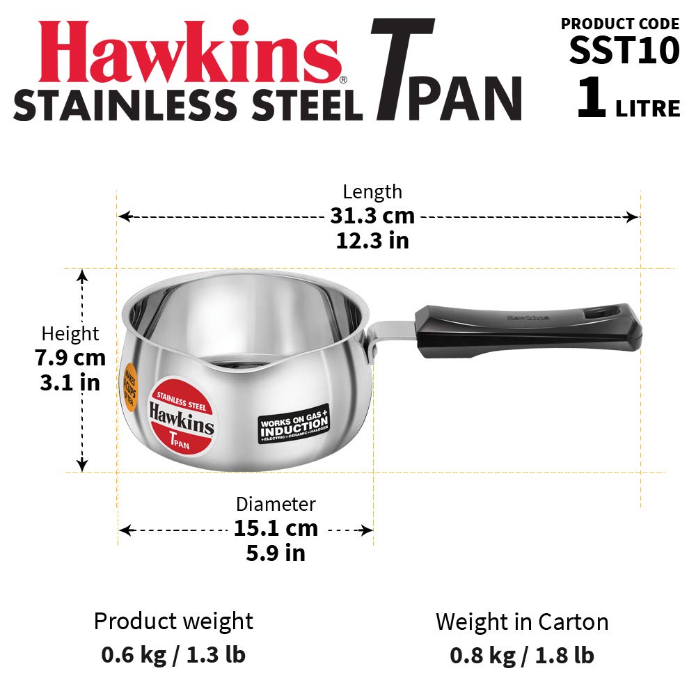Hawkins Stainless Steel Tea Pan Tpan 1 Litre Without Lid SST10