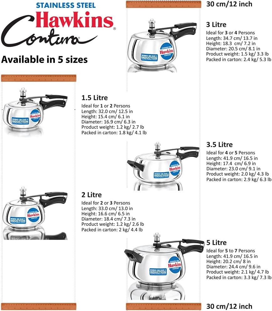 Hawkins Contura Stainless Steel Pressure Cooker, 2.0 Liter Capacity