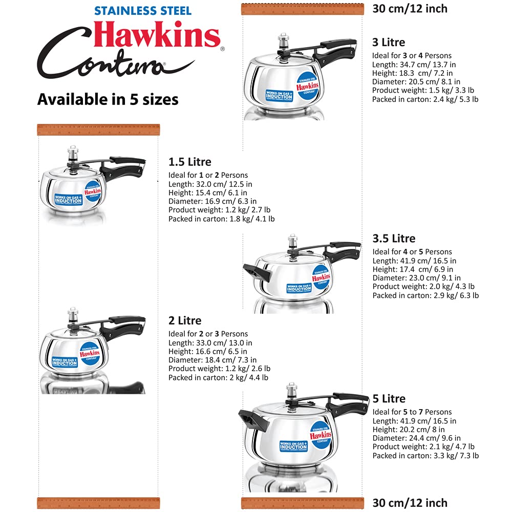 Hawkins Contura Stainless Steel Pressure Cooker, 2.0 Liter Capacity