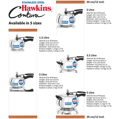 Hawkins Contura Stainless Steel Pressure Cooker, 3.0 Liter Capacity