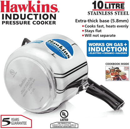 Hawkins Stainless Steel Induction Compatible Pressure Cooker, 10 Litre Capacity, Silver - HSS10
