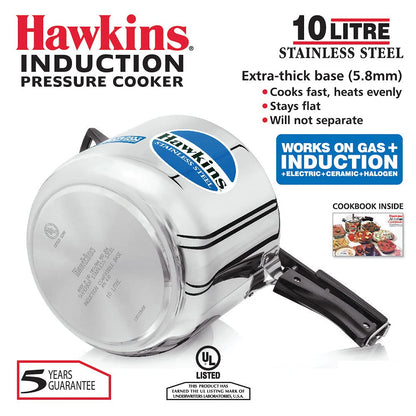 Hawkins Stainless Steel Induction Compatible Pressure Cooker, 10 Litre Capacity, Silver - HSS10