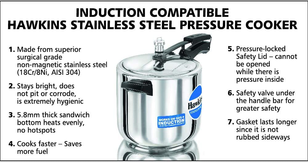Hawkins Stainless Steel Pressure Cooker 6 Litres - Silver - Induction Compatible - HSS60