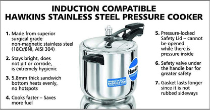 Hawkins Stainless Steel Pressure Cooker 6 Litres - Silver - Induction Compatible - HSS60