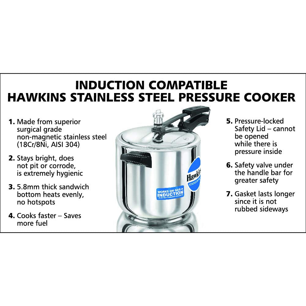 Hawkins Stainless Steel Pressure Cooker 6 Litres - Silver - Induction Compatible - HSS60