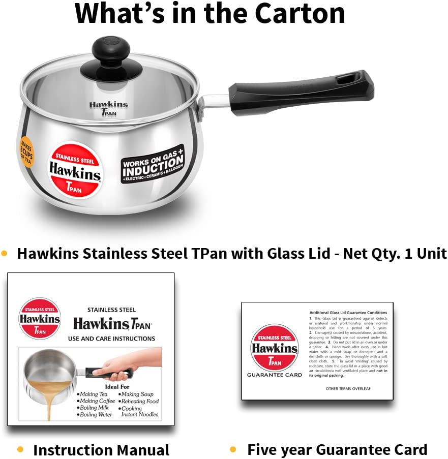 Hawkins Futura Steel Tea Pan with Glass Lid, 2.0 Litre Capactiy, Silver SST20G (Works on Gas & Induction)