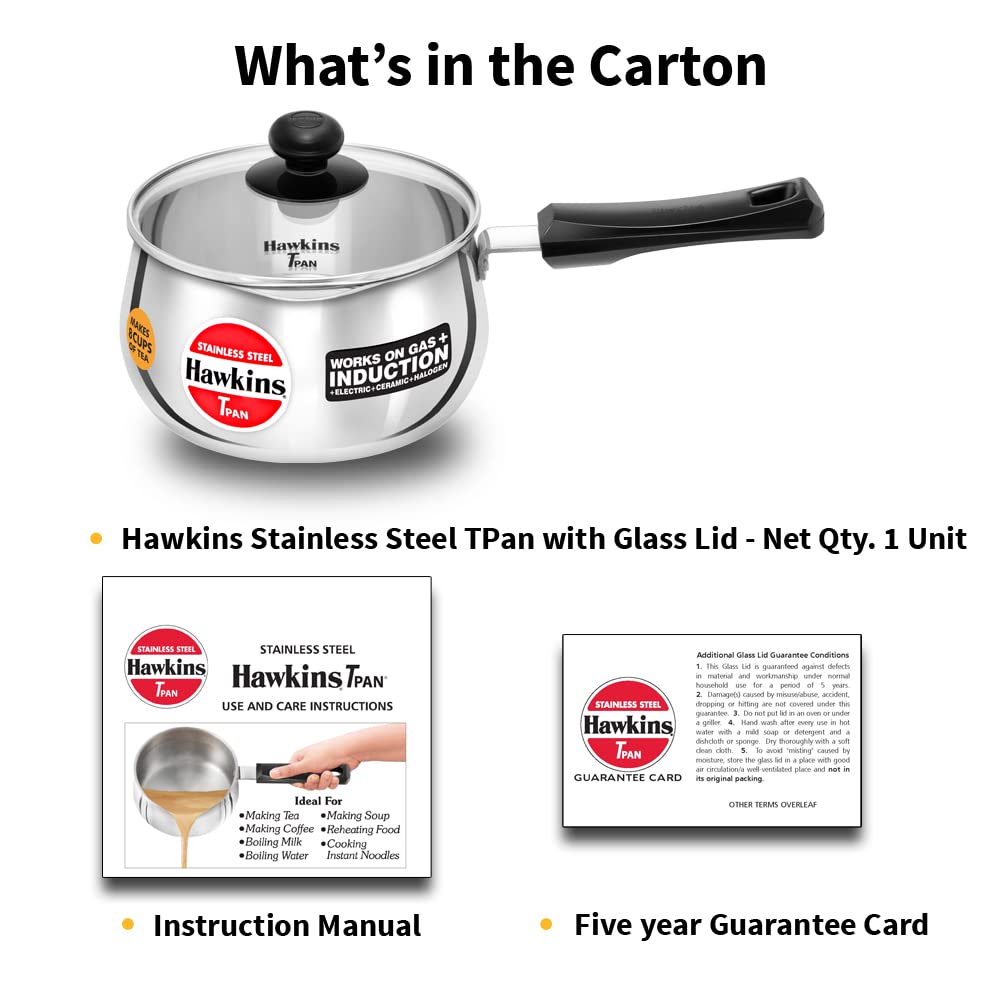 Hawkins Futura Steel Tea Pan with Glass Lid, 2.0 Litre Capactiy, Silver SST20G (Works on Gas & Induction)