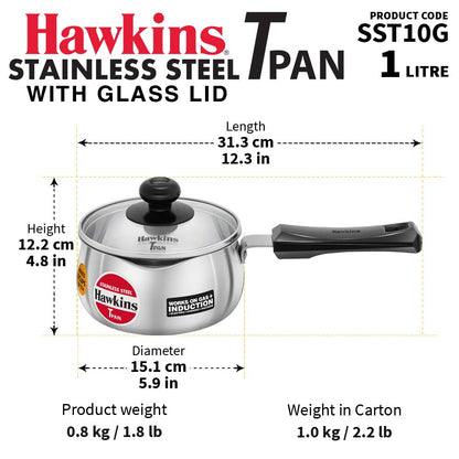 Hawkins Futura Steel Tea Pan with Glass Lid, 1.0 Litre Capactiy SST10G