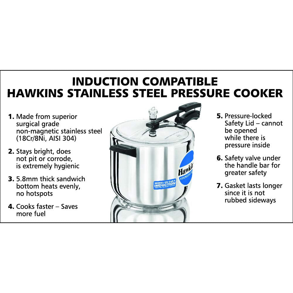 Hawkins Stainless Steel Induction Compatible Pressure Cooker, 10 Litre Capacity, Silver - HSS10