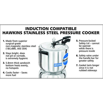 Hawkins Stainless Steel Induction Compatible Pressure Cooker, 10 Litre Capacity, Silver - HSS10