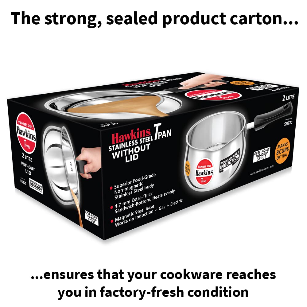Hawkins 2 Litre Tpan, Stainless Steel Tea Pan, Induction Sauce Pan, Chai Pan, Saucepan, Silver (SST20)