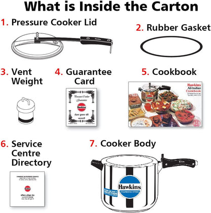 Hawkins Stainless Steel Pressure Cooker 6 Litres - Silver - Induction Compatible - HSS60