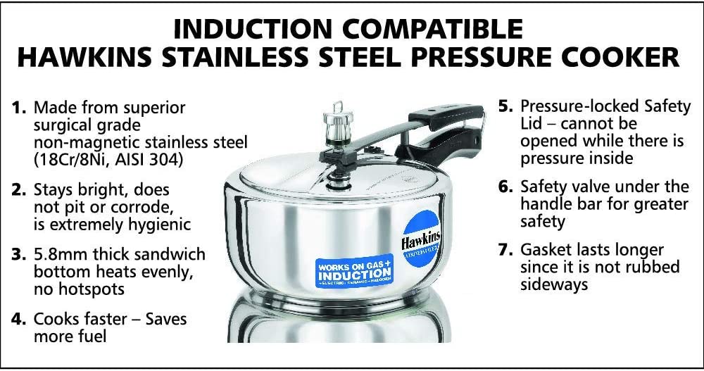 Hawkins Stainless Steel Pressure Cooker 3 Litres - Silver - Wide - Induction Compatible -HSS3W