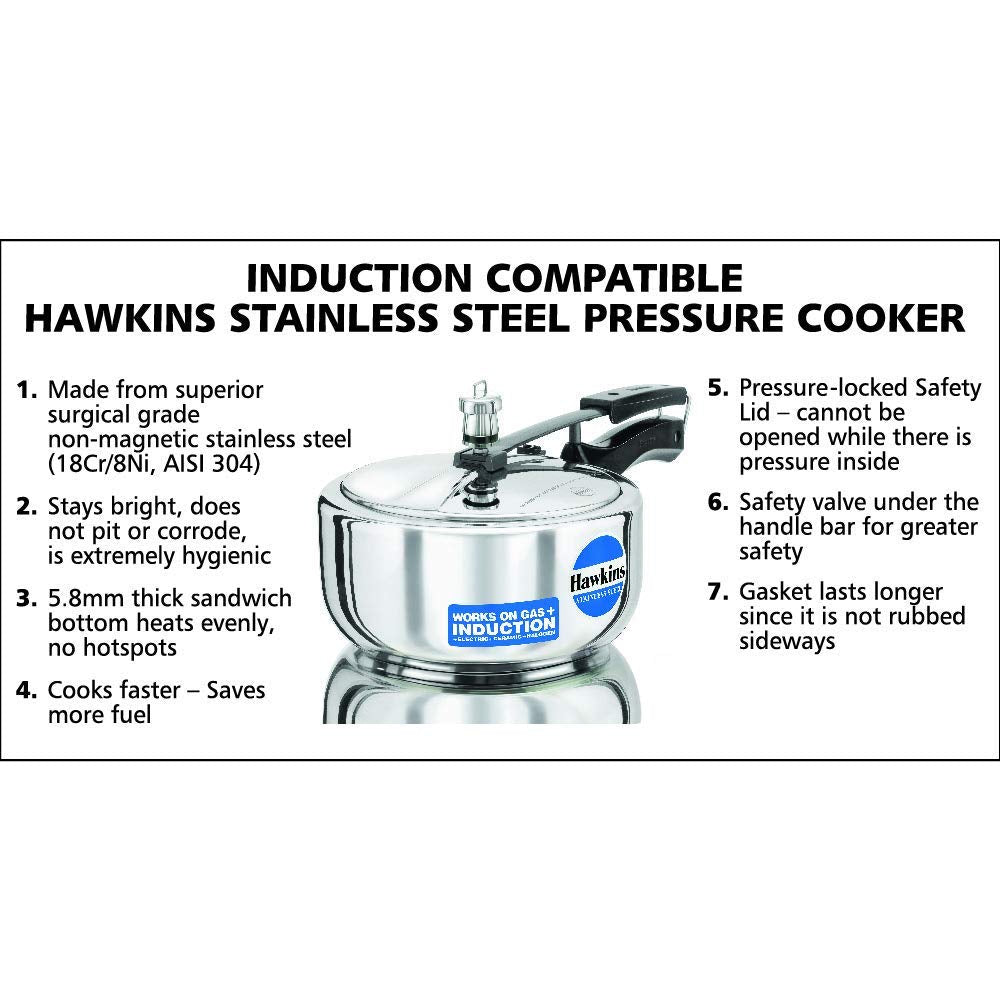 Hawkins Stainless Steel Pressure Cooker 3 Litres - Silver - Wide - Induction Compatible -HSS3W