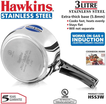 Hawkins Stainless Steel Pressure Cooker 3 Litres - Silver - Wide - Induction Compatible -HSS3W