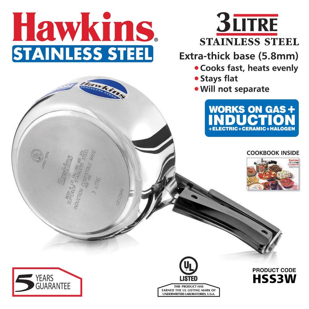 Hawkins Stainless Steel Pressure Cooker 3 Litres - Silver - Wide - Induction Compatible -HSS3W