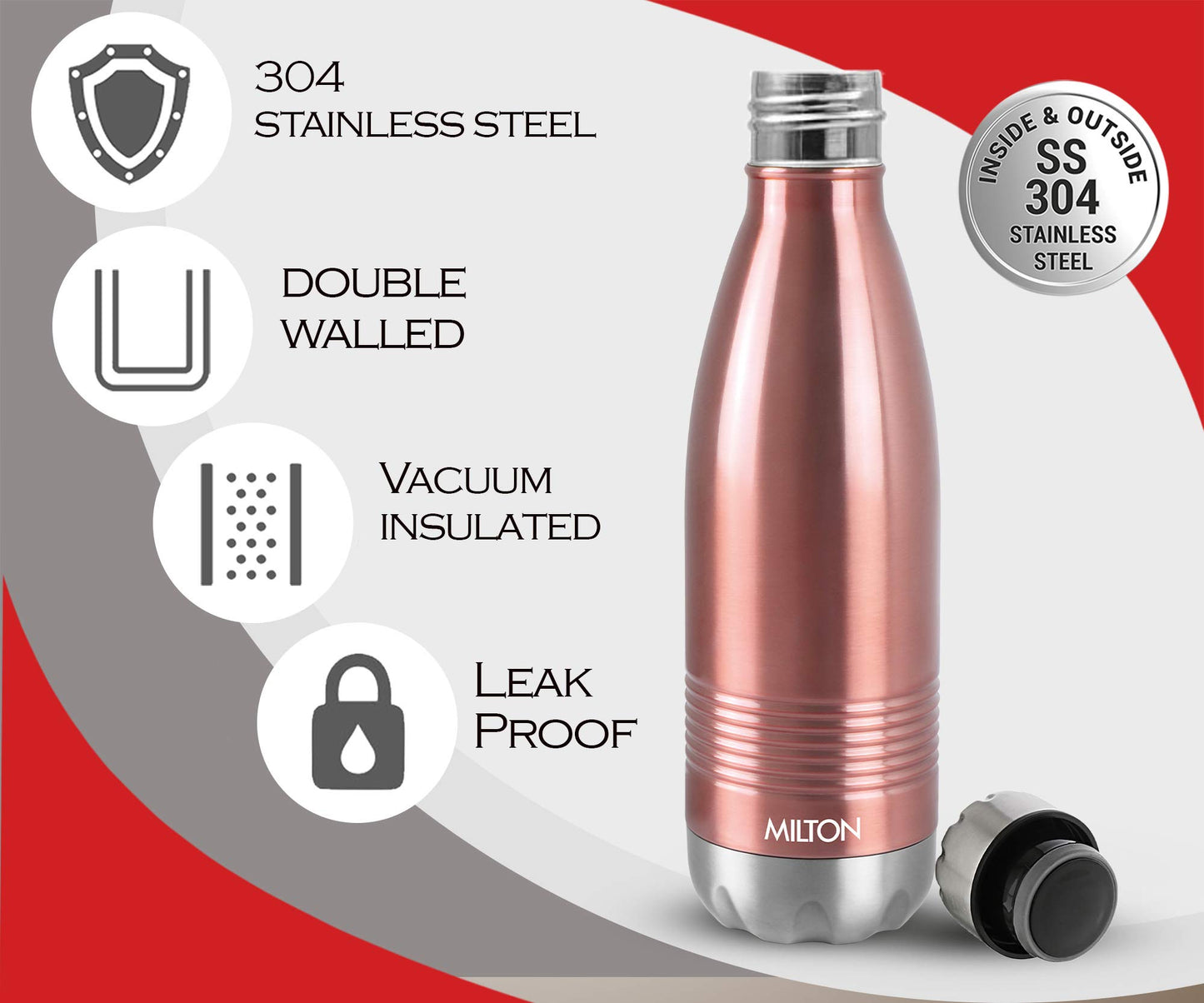 Milton Thermosteel Duo DLX 750, Double Walled Vacuum Insulated Flask 700 ml | 24 oz | 24 Hours Hot and Cold Water Bottle, 18/8 Stainless Steel, BPA Free, Food Grade, Leak-Proof | Rose Gold