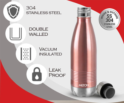 Milton Thermosteel Duo DLX 750, Double Walled Vacuum Insulated Flask 700 ml | 24 oz | 24 Hours Hot and Cold Water Bottle, 18/8 Stainless Steel, BPA Free, Food Grade, Leak-Proof | Rose Gold