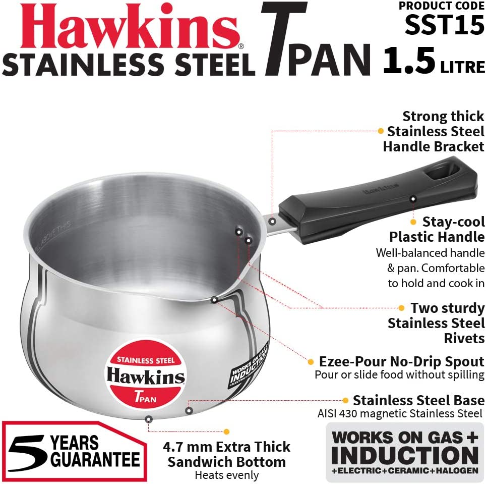 HAWKINS SST15 Stainless Steel TPan - Tea Pan - 1.5 litres - Works on Electric, Ceramic , Gas & Induction