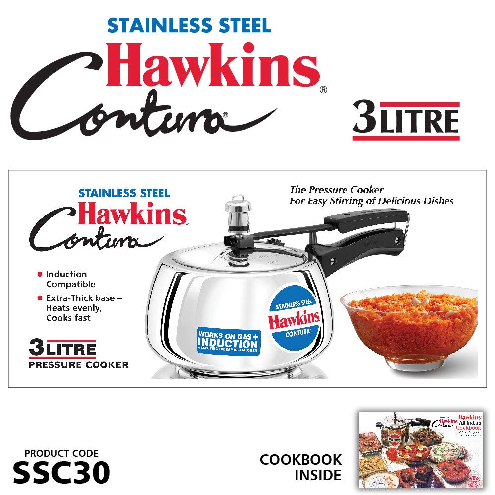 Hawkins Contura Stainless Steel Pressure Cooker, 3.0 Liter Capacity
