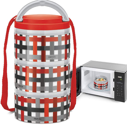 MILTON 4205 Insulated Stainless Steel Microwavable 3-Tier Lunch Box 3 Tier Red Checker