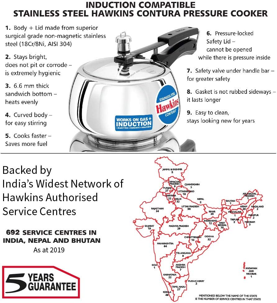Hawkins Contura Stainless Steel Pressure Cooker, 3.0 Liter Capacity